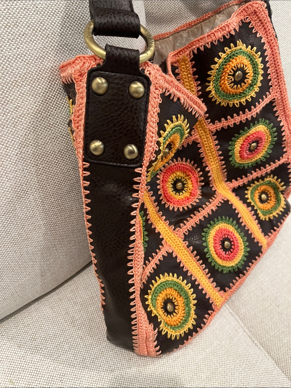 Franco Sarto Brown granny square Shoulder Bag with Multicolor Crochet